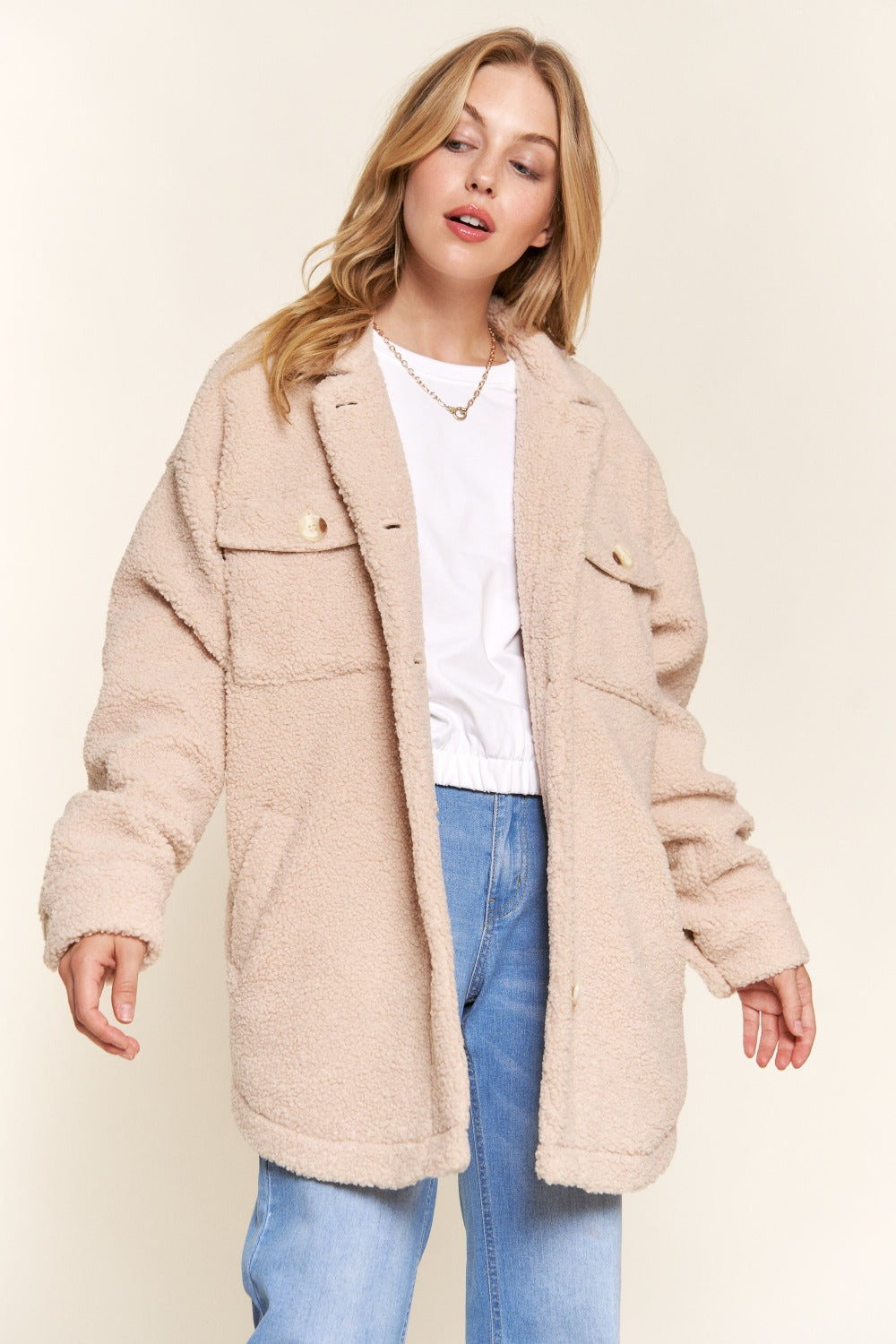 Teddy Sherpa Button Down Curved Hem Shacket