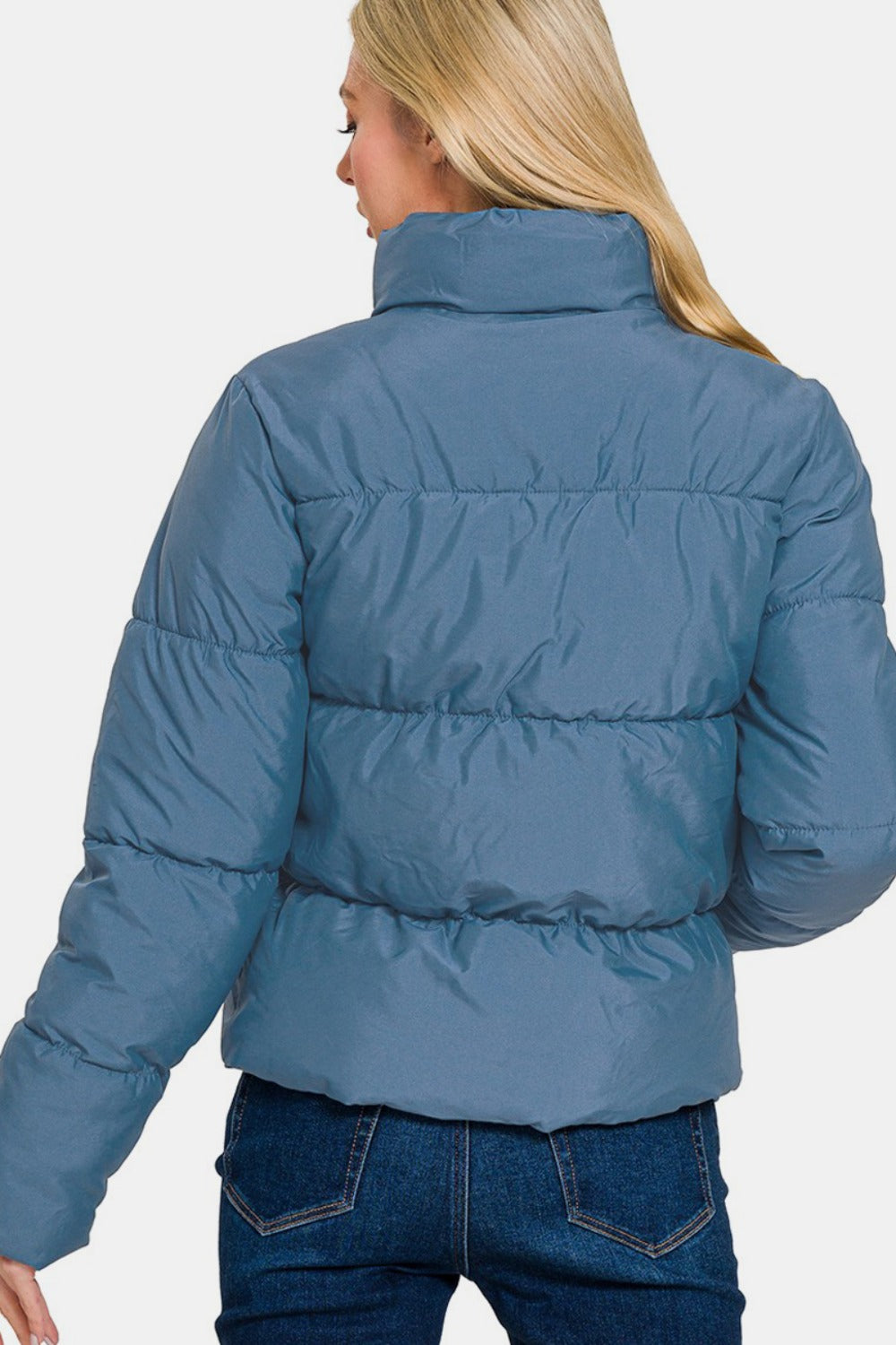 Zenana Zip Up Turtleneck Puffer Jacket in Dusty Blue