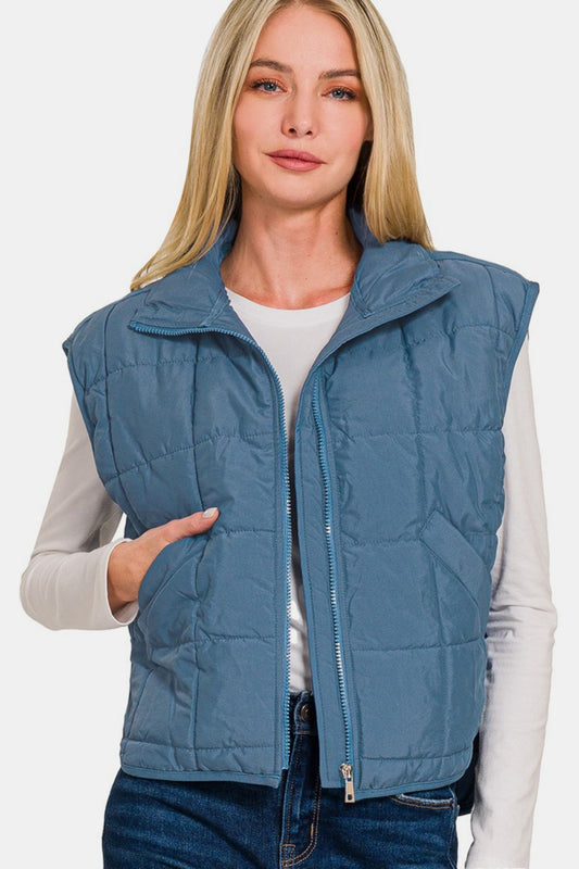 Zenana Zip Up Cropped Puffer Vest in Dusty Blue