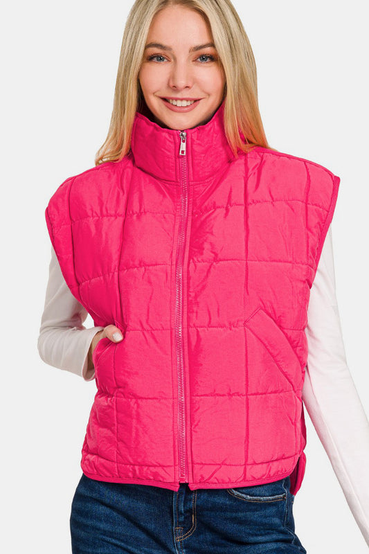 Zip Up Cropped Puffer Vest with Pockets in Pink