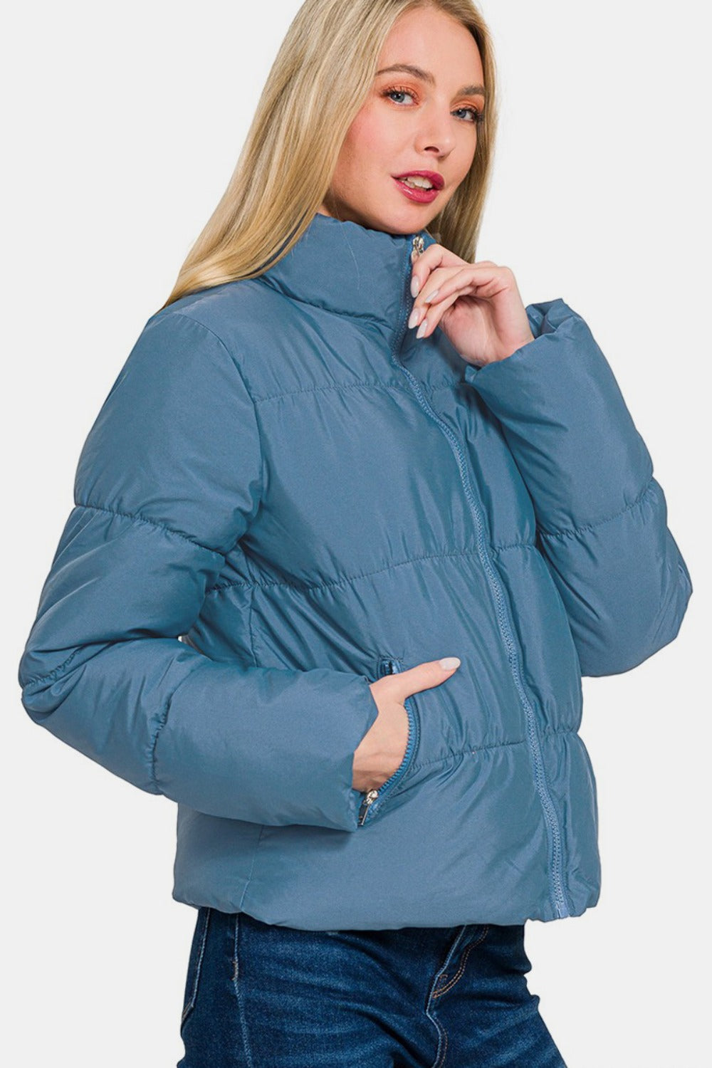 Zenana Zip Up Turtleneck Puffer Jacket in Dusty Blue