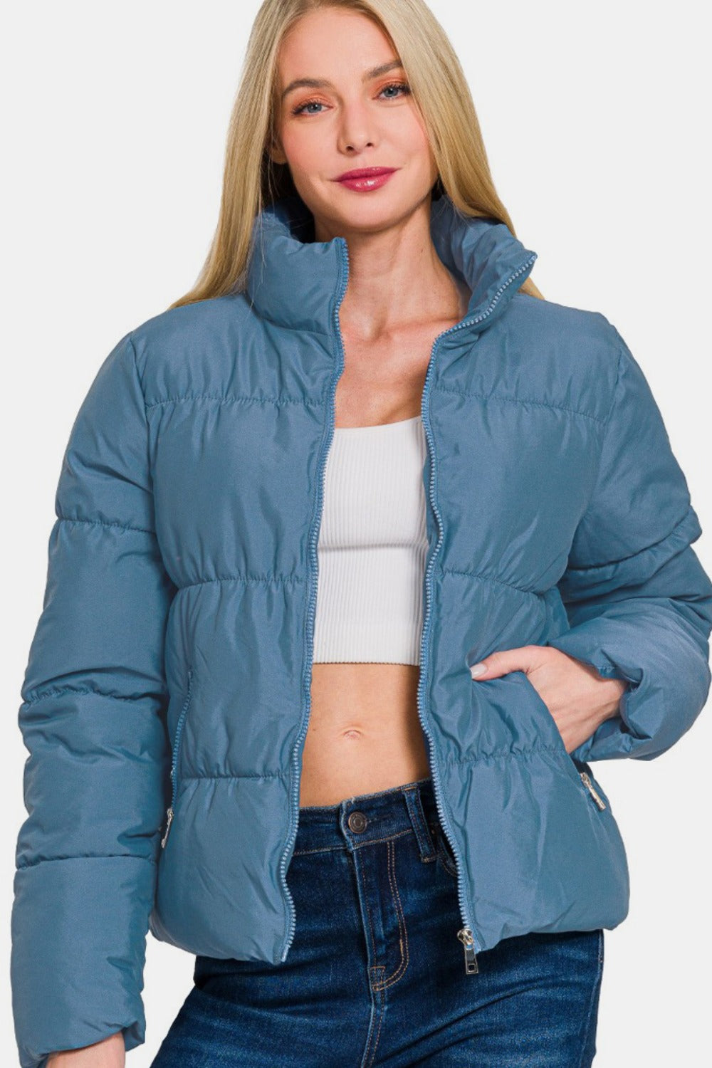 Zenana Zip Up Turtleneck Puffer Jacket in Dusty Blue