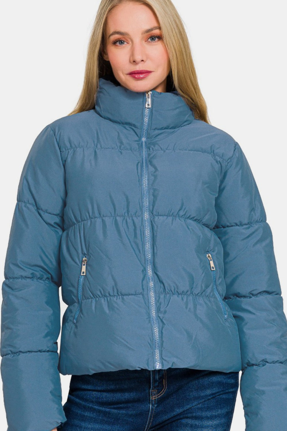 Zenana Zip Up Turtleneck Puffer Jacket in Dusty Blue