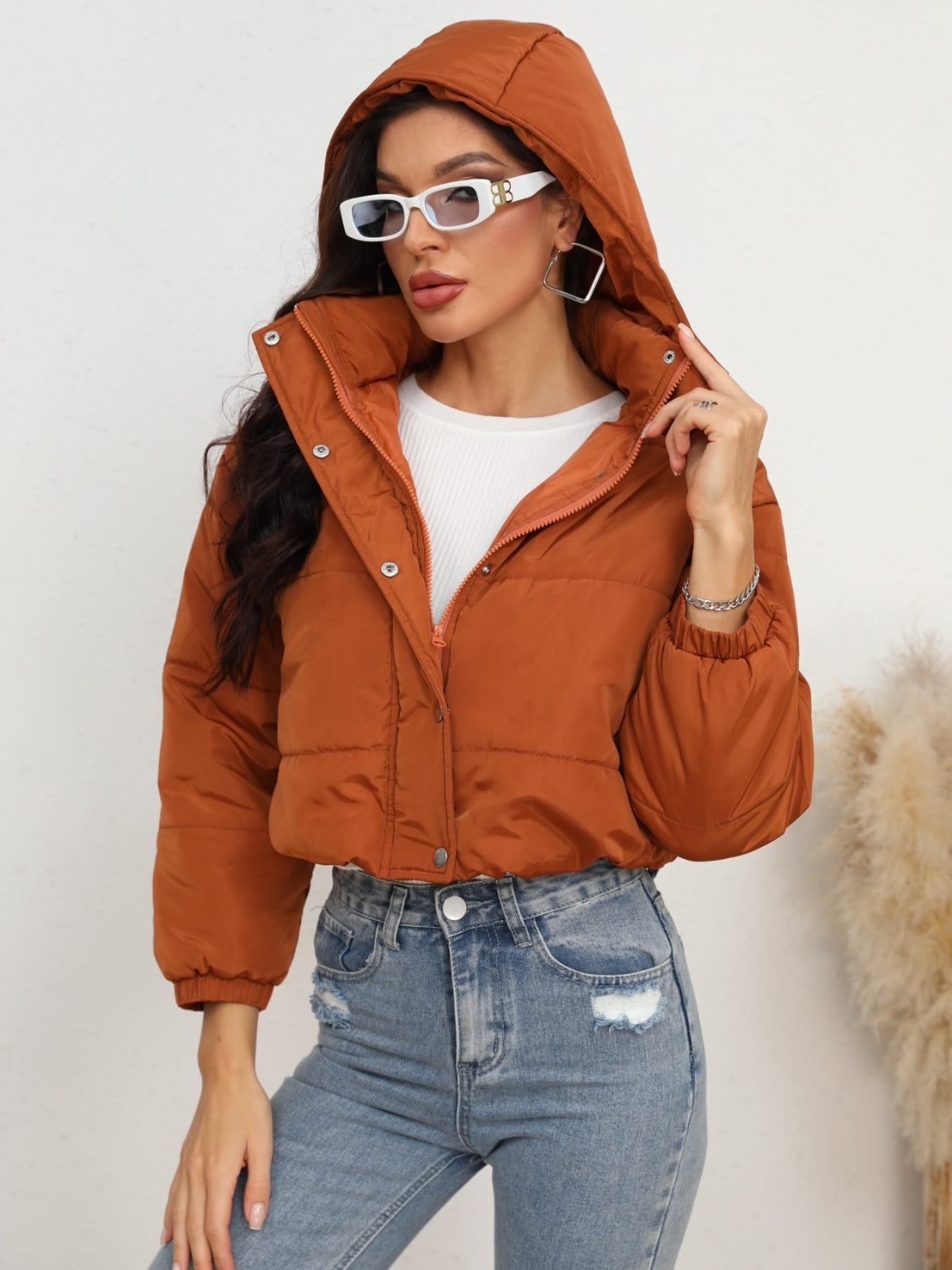 Snap and Zip Hooded Puffer Jacket